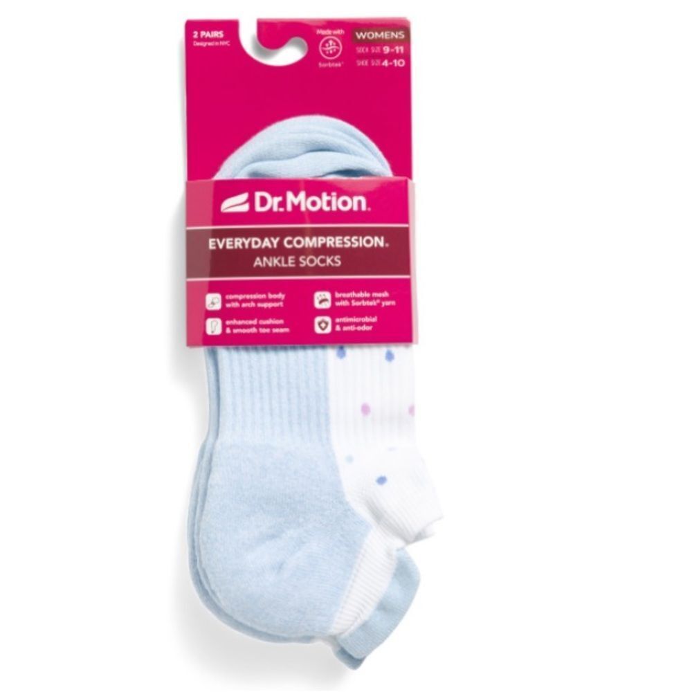 Dr. Motion Ladies 2 Pack White Blue Polka Everyday Compression Tab Ankle Socks
